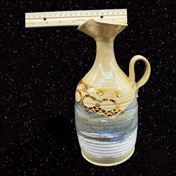 Hand Trown Pottery Jug Pitcher Hand Made Signed Blue Stoneware Vintage 11”T 6”W - Picture 10 of 16